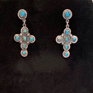 Vintage Mexican Silver Turquoise Cross Earrings